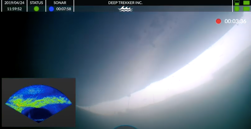 View from Deep Trekker DTG3 submersible ROV screen showing the underwater inspection of a ship hull using sonar
