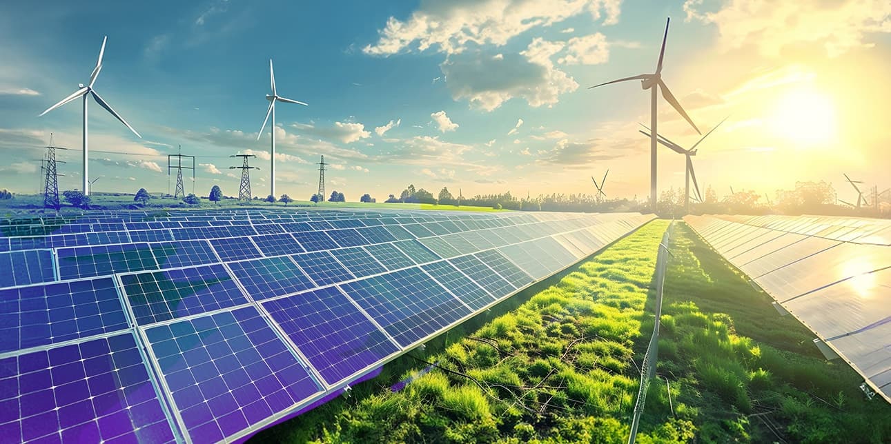 Image showing wind and solar power in a field during a sunset
