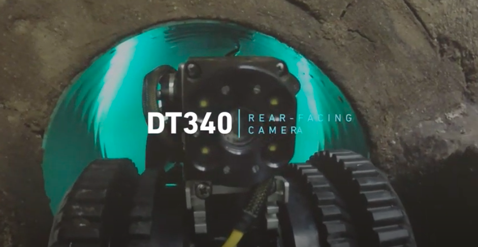 Deep Trekker's CCTV Pipe Crawler, the DT340, going into a pipe with the title "DT340 rear facing camera" 