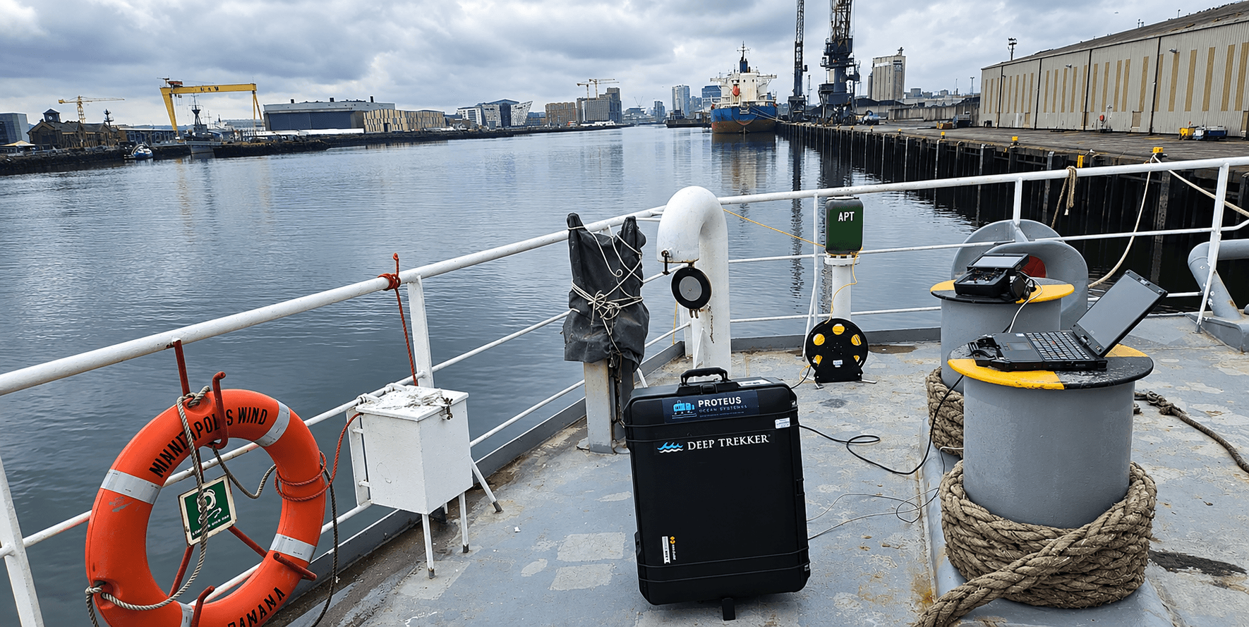 proteus-dockside-setup showing deep trekker pelican case for underwater rov and laptop